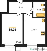 Планировка однокомнатной(квартира) площадью 39.05 квадратных метров в “ЖК Бархат”