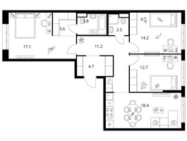 Планировка трехкомнатной(квартира) площадью 88.2 квадратных метров в “ЖК Москворечье”
