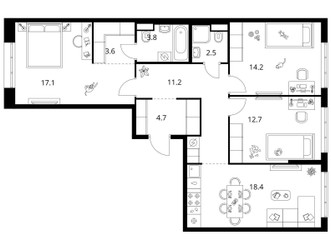 Планировка трехкомнатной(квартира) площадью 88.2 квадратных метров в ЖК “ЖК Москворечье”