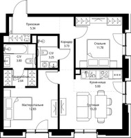 Планировка двухкомнатной(квартира) площадью 61.6 квадратных метров в “Дом премиум-класса МИРА”