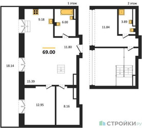 Планировка двухкомнатной(квартира) площадью 69 квадратных метров в ЖК “ЖК Клубный дом КОСМО 4/22”