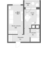 Планировка однокомнатной(квартира) площадью 35.9 квадратных метров в “ЖК Клевер”