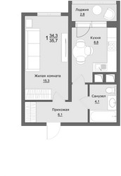 Планировка однокомнатной(квартира) площадью 35.9 квадратных метров в ЖК “ЖК Клевер”