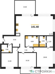 Планировка трехкомнатной(квартира) площадью 141.4 квадратных метров в ЖК “ЖК Vnukovo Country Club (Внуково Кантри Клаб)”