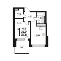 Планировка однокомнатной(квартира) площадью 35.8 квадратных метров в “Новые Ватутинки. Заречный”