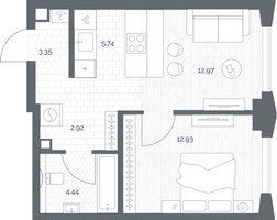 Планировка однокомнатной(квартира) площадью 42.35 квадратных метров в “ЖК TATE (Тэйт)”