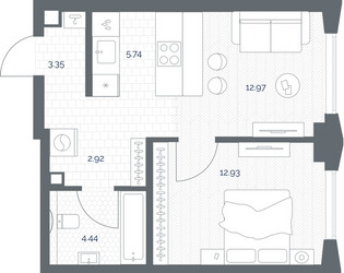 Планировка однокомнатной(квартира) площадью 42.35 квадратных метров в ЖК “ЖК TATE (Тэйт)”