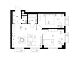 Планировка двухкомнатной(квартира) площадью 56.6 квадратных метров в “ЖК Саларьево парк”