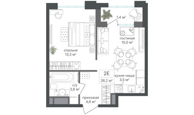 Планировка двухкомнатной(квартира) площадью 36.8 квадратных метров в ЖК “ЖК Михалковский”