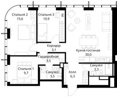 Планировка трехкомнатной(квартира) площадью 85.9 квадратных метров в “ЖК Сити Бэй”