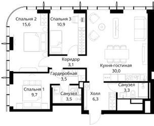 Планировка трехкомнатной(квартира) площадью 85.9 квадратных метров в ЖК “ЖК Сити Бэй”