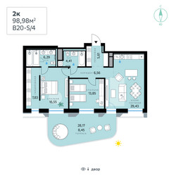 Планировка двухкомнатной(квартира) площадью 98.98 квадратных метров в ЖК “СберСити в Рублево-Архангельском”