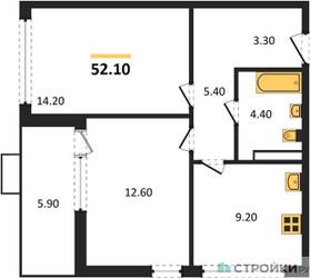 Планировка двухкомнатной(квартира) площадью 52.1 квадратных метров в ЖК “ЖК Бунинские кварталы”