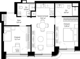 Планировка двухкомнатной(квартира) площадью 57.6 квадратных метров в “ЖК Сити Бэй”