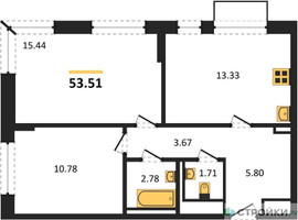 Планировка двухкомнатной(квартира) площадью 53.51 квадратных метров в “ЖК Квартал Марьино”