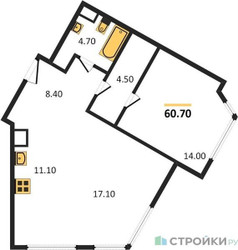 Планировка однокомнатной(квартира) площадью 60.7 квадратных метров в ЖК “ЖК Архитектор”