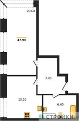 Планировка однокомнатной(апартаменты) площадью 47.9 квадратных метров в ЖК “ЖК Мираполис”
