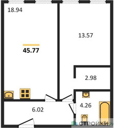 Планировка однокомнатной(апартаменты) площадью 45.77 квадратных метров в ЖК “ЖК Insider (Инсайдер)”