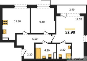 Планировка двухкомнатной(квартира) площадью 52.9 квадратных метров в “ЖК Прокшино”