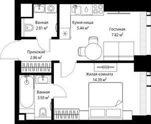 Планировка однокомнатной(квартира) площадью 37.25 квадратных метров в ЖК “ЖК Веер”