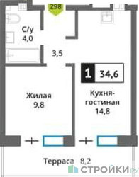 Планировка однокомнатной(квартира) площадью 34.6 квадратных метров в ЖК “ЖК Никольский квартал Отрада”