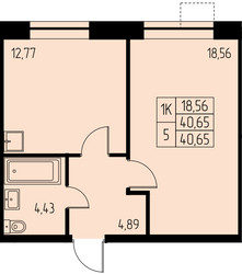 Планировка однокомнатной(квартира) площадью 40.6 квадратных метров в ЖК “ЖК Дом на Студенческом”