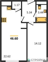 Планировка однокомнатной(апартаменты) площадью 46.6 квадратных метров в “ЖК Пятницкое 58 (Перец)”