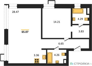 Планировка однокомнатной(апартаменты) площадью 65.07 квадратных метров в ЖК “ЖК N’ICE LOFT (Найс Лофт)”