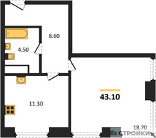 Планировка однокомнатной(квартира) площадью 43.1 квадратных метров в “ЖК Мираполис”
