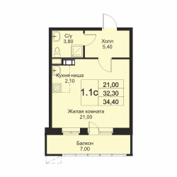 Планировка студии(апартаменты) площадью 34.4 квадратных метров в ЖК “ЖК Кашинцево”