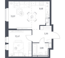 Планировка однокомнатной(квартира) площадью 44.09 квадратных метров в “ЖК Большое Путилково”