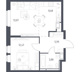 Планировка однокомнатной(квартира) площадью 44.09 квадратных метров в ЖК “ЖК Большое Путилково”