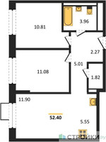 Планировка двухкомнатной(квартира) площадью 52.4 квадратных метров в “ЖК Пригород Лесное”