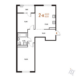 Планировка двухкомнатной(квартира) площадью 62.1 квадратных метров в ЖК “ЖК Новое Летово”