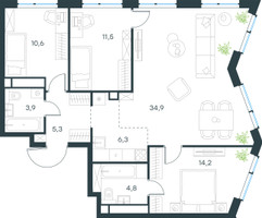 Планировка 4+ комнатной(квартира) площадью 91.5 квадратных метров в “ЖК Level Мичуринский”