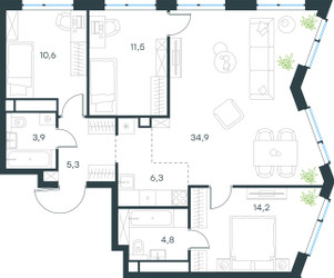 Планировка 4+ комнатной(квартира) площадью 91.5 квадратных метров в ЖК “ЖК Level Мичуринский”