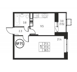 Планировка однокомнатной(квартира) площадью 38.5 квадратных метров в ЖК “ЖК Космос”