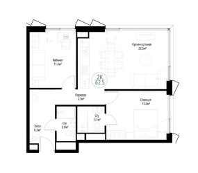 Планировка двухкомнатной(квартира) площадью 62.5 квадратных метров в ЖК “ЖК Метрополия”