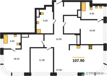 Планировка трехкомнатной(квартира) площадью 107.9 квадратных метров в ЖК “ЖК Остров”