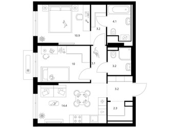 Планировка двухкомнатной(квартира) площадью 54.4 квадратных метров в ЖК “ЖК Зеленый парк”