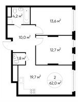 Планировка двухкомнатной(квартира) площадью 62 квадратных метров в “ЖК Переделкино Ближнее”