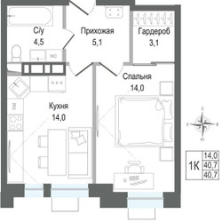 Планировка однокомнатной(квартира) площадью 40.7 квадратных метров в ЖК “ЖК КИНОКВАРТАЛ”