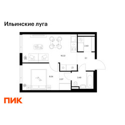 Планировка однокомнатной(квартира) площадью 36.85 квадратных метров в ЖК “ЖК Ильинские луга”