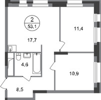 Планировка двухкомнатной(квартира) площадью 53.1 квадратных метров в “ЖК Первый Московский”