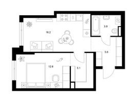 Планировка однокомнатной(квартира) площадью 43.4 квадратных метров в “ЖК Зеленый парк”