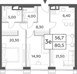 Планировка трехкомнатной(квартира) площадью 80.5 квадратных метров в ЖК “ЖК Will Towers (Вилл Тауэрс)”