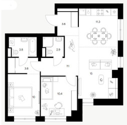 Планировка двухкомнатной(квартира) площадью 67.7 квадратных метров в ЖК “Нарвин”