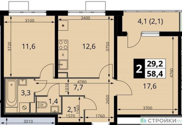 Планировка двухкомнатной(квартира) площадью 58.4 квадратных метров в “ЖК ЮЖНАЯ БИТЦА”