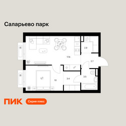 Планировка однокомнатной(квартира) площадью 40.1 квадратных метров в ЖК “ЖК Саларьево парк”