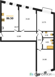 Планировка трехкомнатной(квартира) площадью 86.5 квадратных метров в ЖК “ЖК Эльйон”